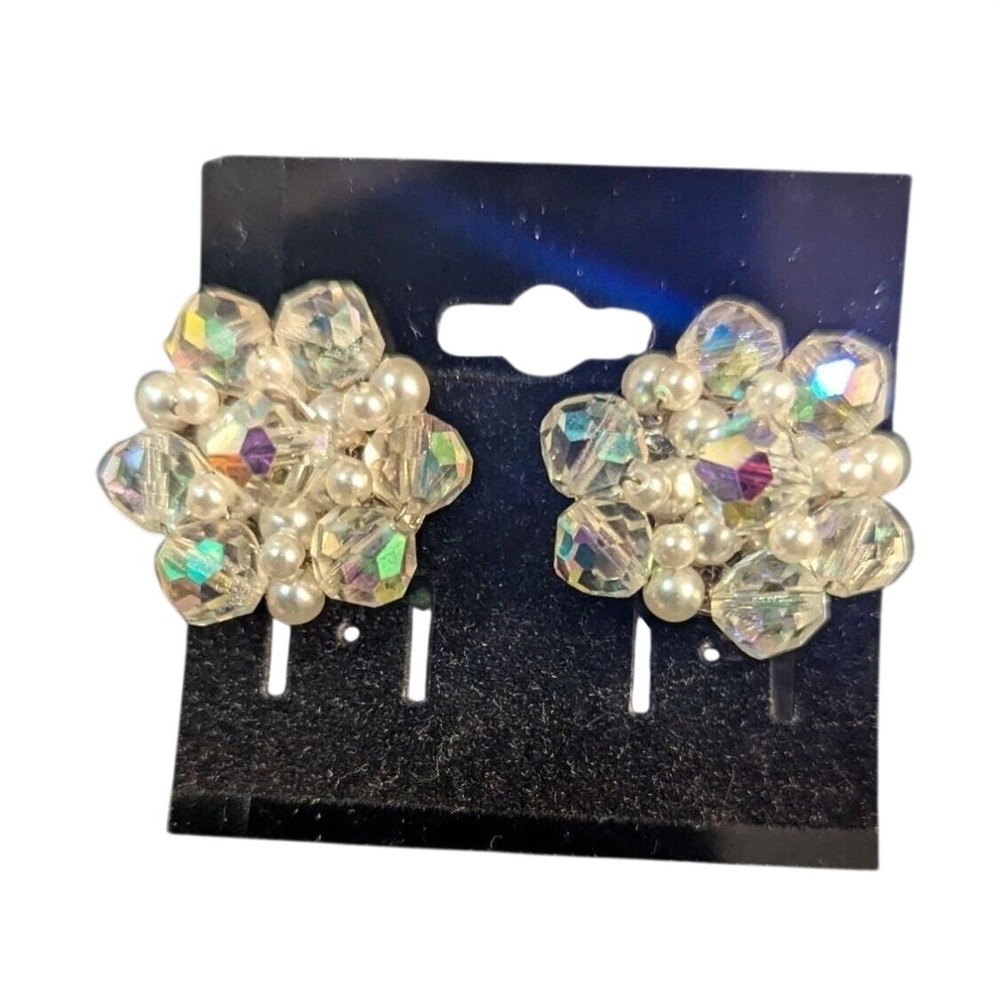 Vintage Aurora Borealis Crystal Bead Clip Earrings sparkle marked Japan